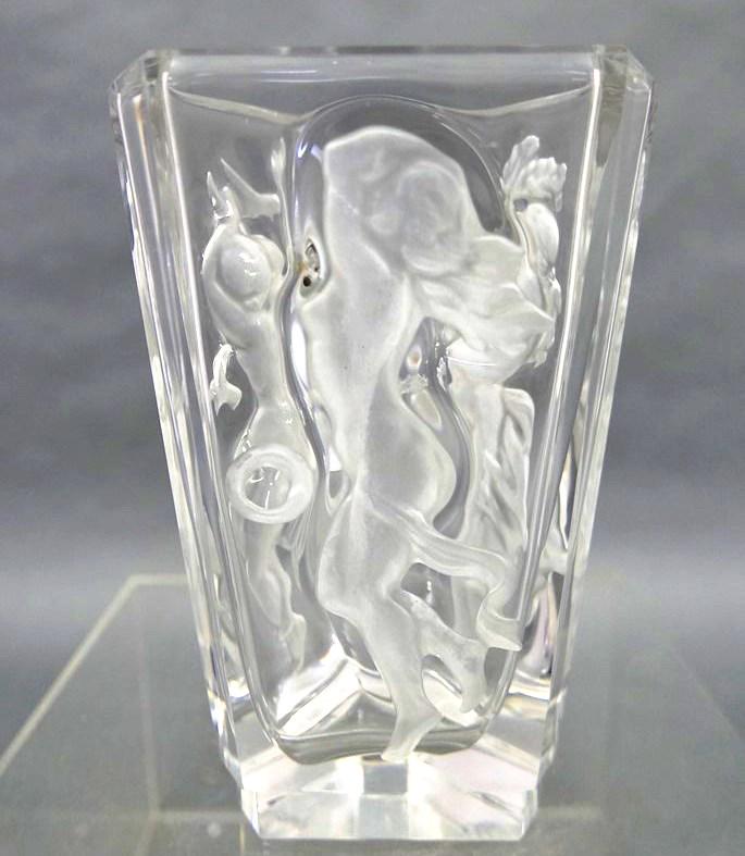 R. Lalique Nude Vase: Triangular art glass vase with clipped corners, frosted intaglio decoration of frolicking nymphs, signed R. Lalique but may be a reproduction, 8.5"H