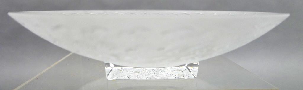 Lalique Agadir Center Bowl: Crystal bowl signed "Lalique France" in script, part clear and frosted design on a raised square foot 11.75"D, 3"H
