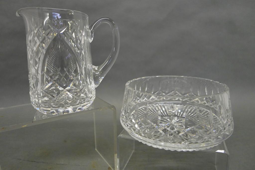 Waterford Crystal Pitcher & Bowl: Two signed pieces of Waterford cut crystal, pitcher 6.5"H and bowl 8"D, 3.5"H