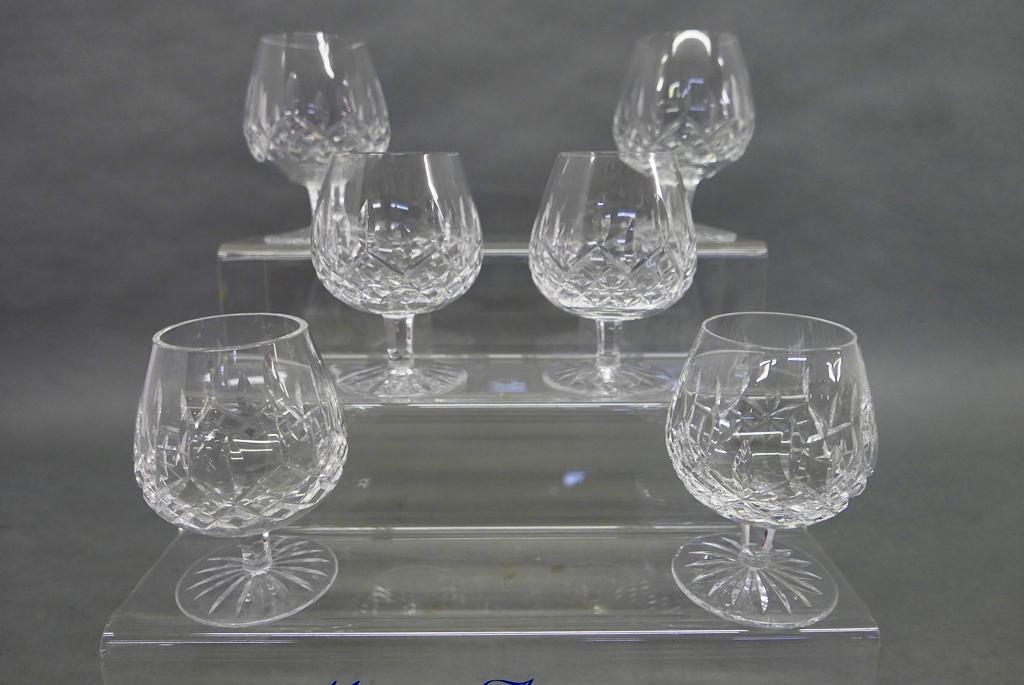 Six Waterford Brandy Snifters: Set of six matching signed Waterford heavy cut crystal brandy glasses 5"H