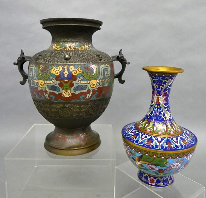 Antique Bronze & Cloisonne Vase & Other: Vintage Asian bronze vase with dragon head handles, stylized dragon cloisonne decoration, 12.5"H excluding later wood base, fine quality cloisonne vase decorated with birds and flowers 10.5"H