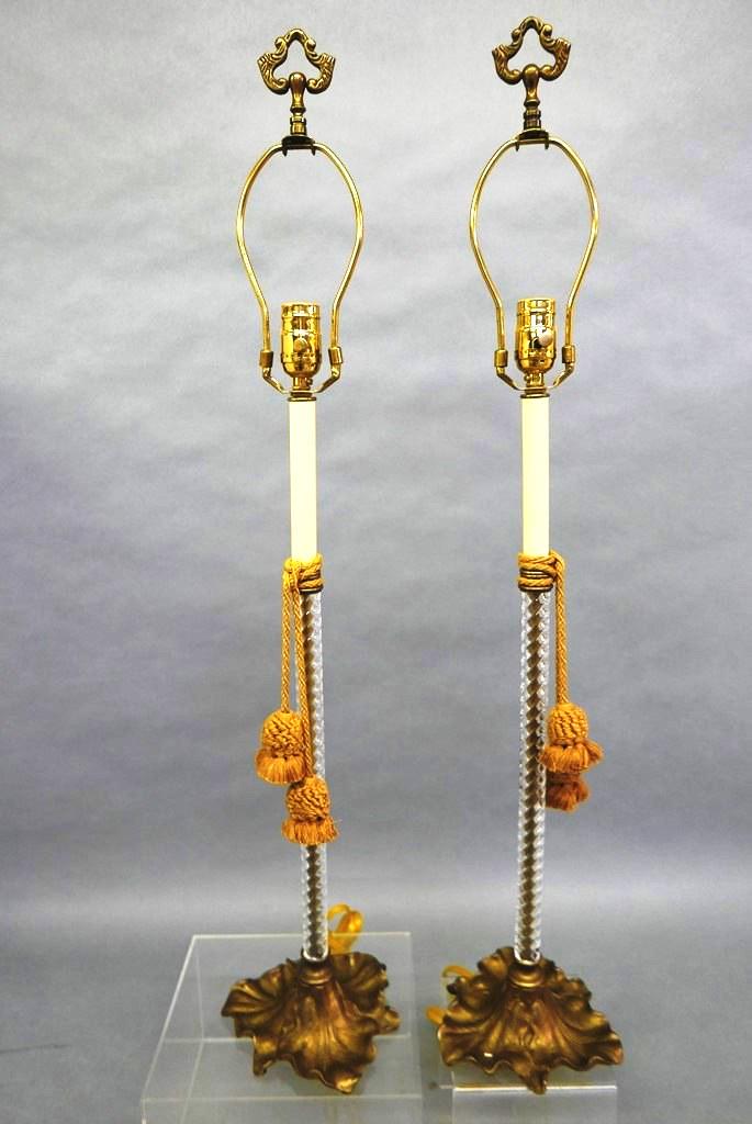 Pair Of Tall Decorator Lamps: Pair of tall candlestick style lamps with a Lucite barley twist stem over a solid brass leaf form base, 30"H to top of finial