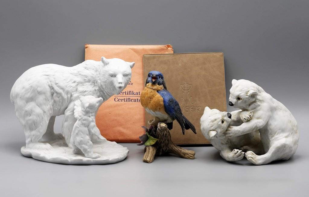 Kaiser Porcelain Bears & Bird Figurines: Kaiser of West Germany limited edition bisque porcelain polar bear with cub mold #521 limited edition 1902 of 2000, 8"L, Kaiser bisque porcelain mold #609 pair of cubs playing 6.5"L, Kaiser bisque por