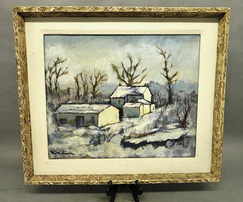 Vintage Farm Yard Oil Painting: Vintage oil painting on canvas signed illegibly lower left, stretcher 18" by 22", housed in a hand painted gesso over wood frame with liner 24" by 28"