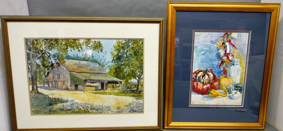 Two Margaret Moorhouse Original Watercolors: Two original watercolors by Margaret Gledhill Moorhouse of Fort Republic, New Jersey, both signed lower right, watercolor depicting an old barn with wagon, corral with horse and man, sight size 13.75"