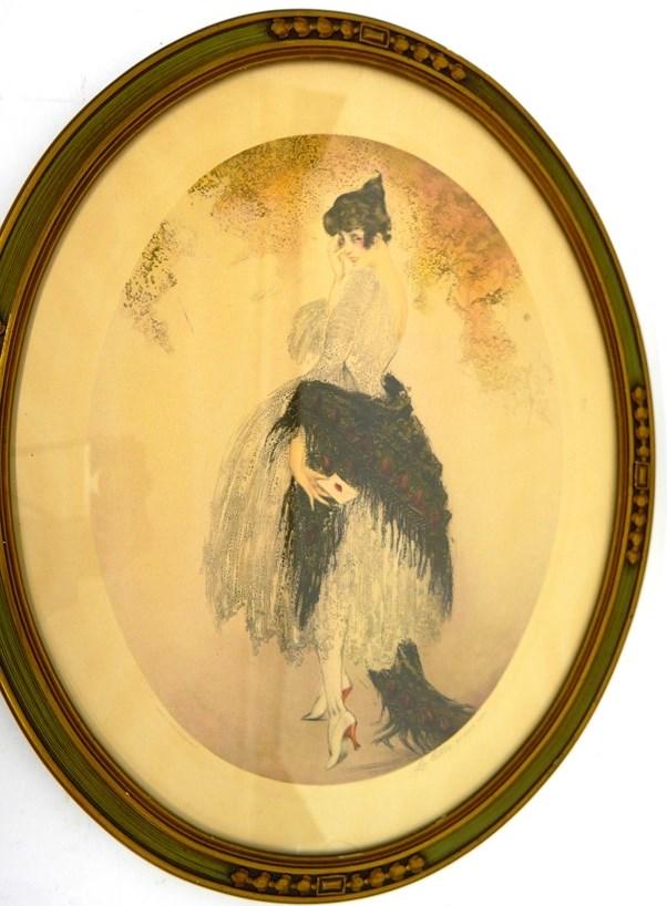 Louis Icart "The Letter" Print: Louis Icart oval print signed in plate "Printed By Morris & Bendien Inc. N.Y. La Lettre Louis Icart", housed in a wood and gesso frame 17.5" by 21.5"