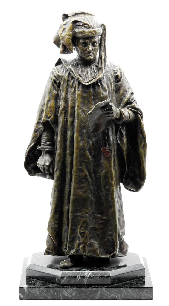 Renzo Colombo Large Venice Bronze Statue: Vintage bronze statue after Renzo Colombo [Italy 1856 - 1885], known as JUGE AU CONSEIL DES DIX VENISE [Judge At The Council Of Ten Venice], signed R. Colombo, foundry stamp of Pinedo Bronzes Paris, m