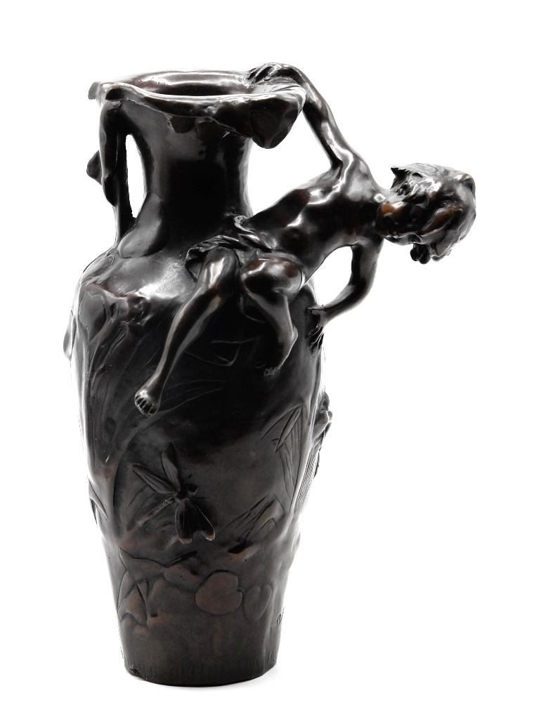 Auguste Moreau Style Bronze Vase: Art Nouveau style vase after Auguste Moreau, partially draped young girl clinging to the side of a vase decorated with high relief dragonflies and bird with willows, signed Auguste Moreau with a Frenc