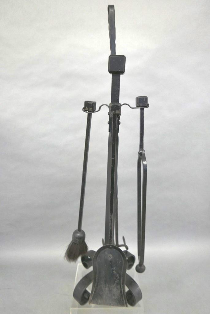 Vintage Arts & Crafts Iron Fireplace Tools: Vintage Arts & Craft period wrought iron fireplace tool set includes stand 33"H, broom, shovel, tongs and poker 40"H