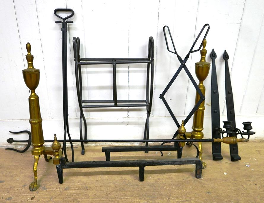 Fireplace Andirons, Wood Rack & Tools: Pair of vintage colonial style brass and iron andirons with different depths 22.5"H, 19.5" and 28"D, newer hinged wrought iron firewood stand 14"W, 22"H, 19th century fireplace poker with brass handle