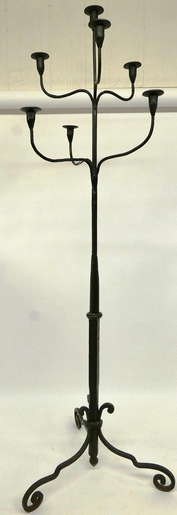 66"H Wrought Iron Candelabra: Cast iron seven socket candelabra with decorative scroll legs, 66"H