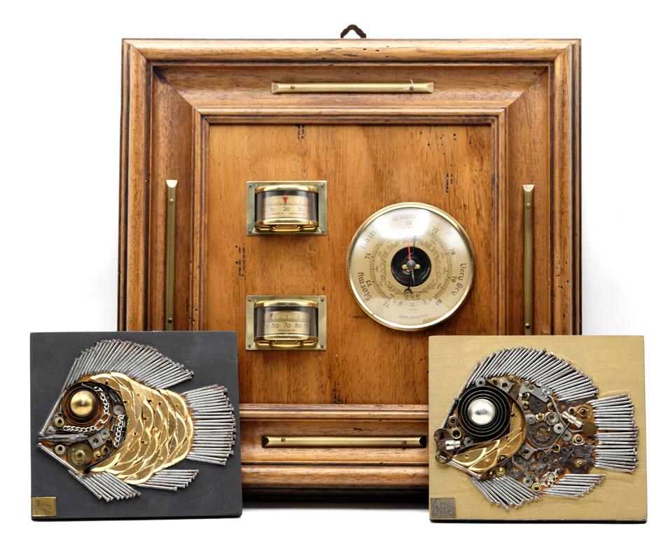 Weather Station & Steampunk Fish: Vintage French wood mounted hanging weather station with barometer, thermometer and hydrometer with warranty slip from 1987 13.5" square, pair of steampunk fish plaques made from old gears and hardwar