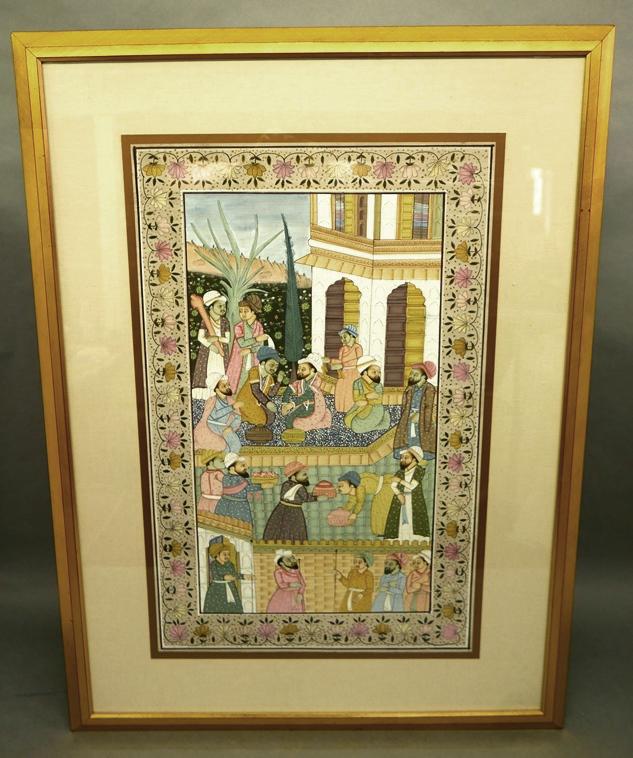Eastern Painted Tapestry: Colorful hand painted scene on fabric possibly silk from India - Pakistan region, 19.75" by 31", nicely mounted and framed 32" by 43" overall