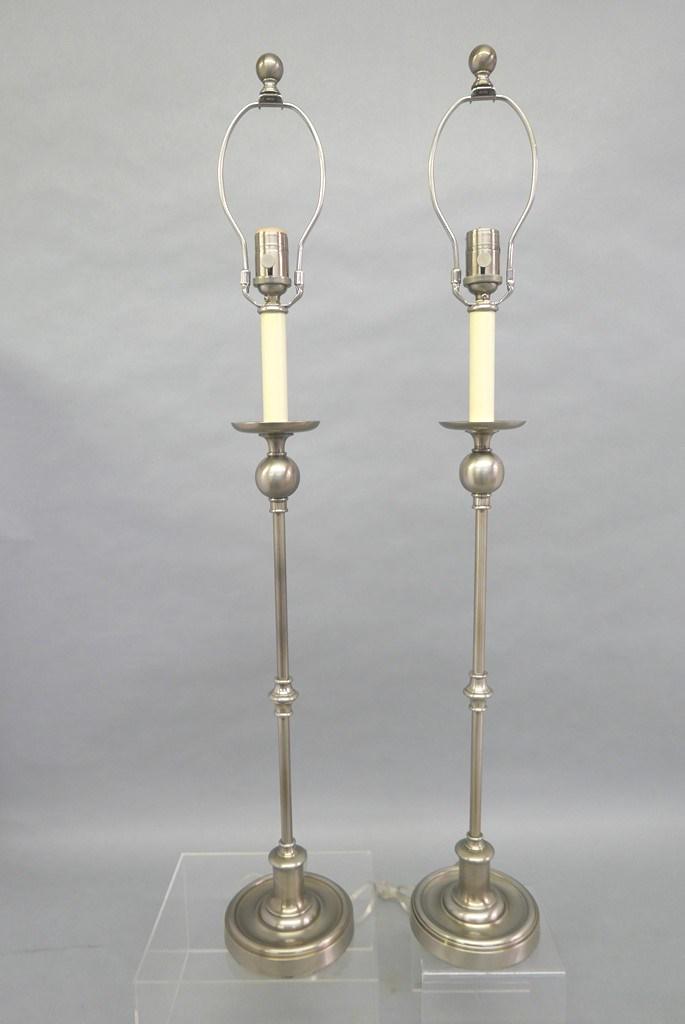 Pair Of Brushed Stainless Table Lamps: Pair of nice quality modern candlestick form stainless table lamps 35"H to top of finial