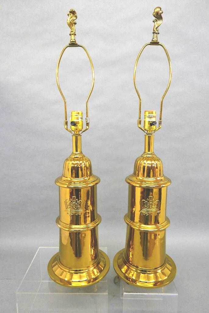 Pair Of Ethan Allen Table Lamps: Pair of Ethan Allen brass plated lighthouse form table lamps 31"H to top of finial