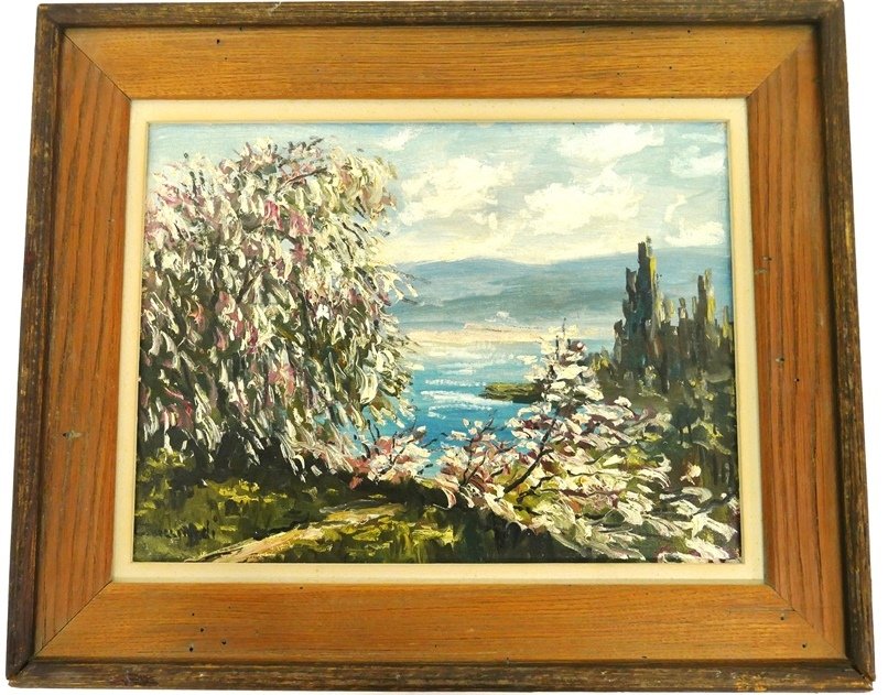 Ricciardi Landscape Oil Painting: Vintage Cesare Ricciardi oil painting on artist board signed lower left, 12" by 16", housed in a distressed wood frame with wood liner 19" by 22.5"