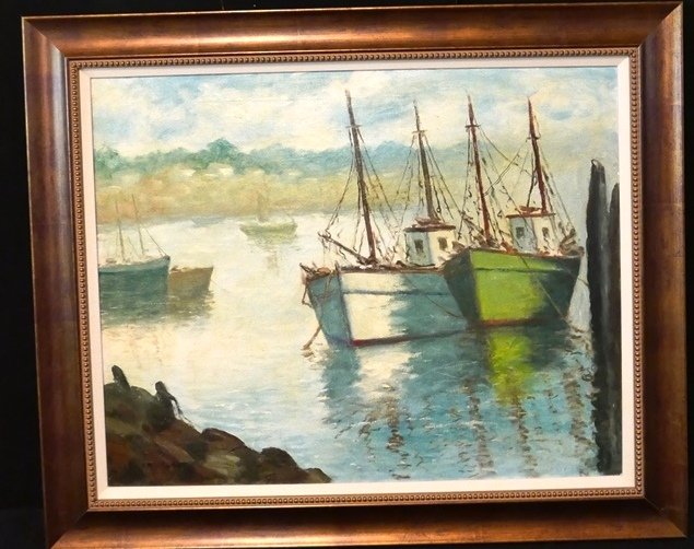 Ricciardi Fishing Boat Oil Painting: Vintage Cesare Ricciardi oil painting on canvas depicting fishing boats at rest, stretcher 24" by 30", reframed to 30.5" by 37"