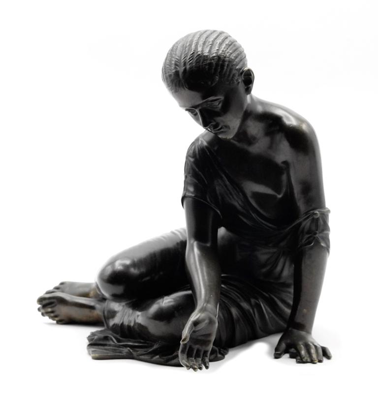 Bronze Maiden Statue: Vintage bronze statue of a partially draped maiden with an applied dark patina, no signature or marks found, 9.5"H