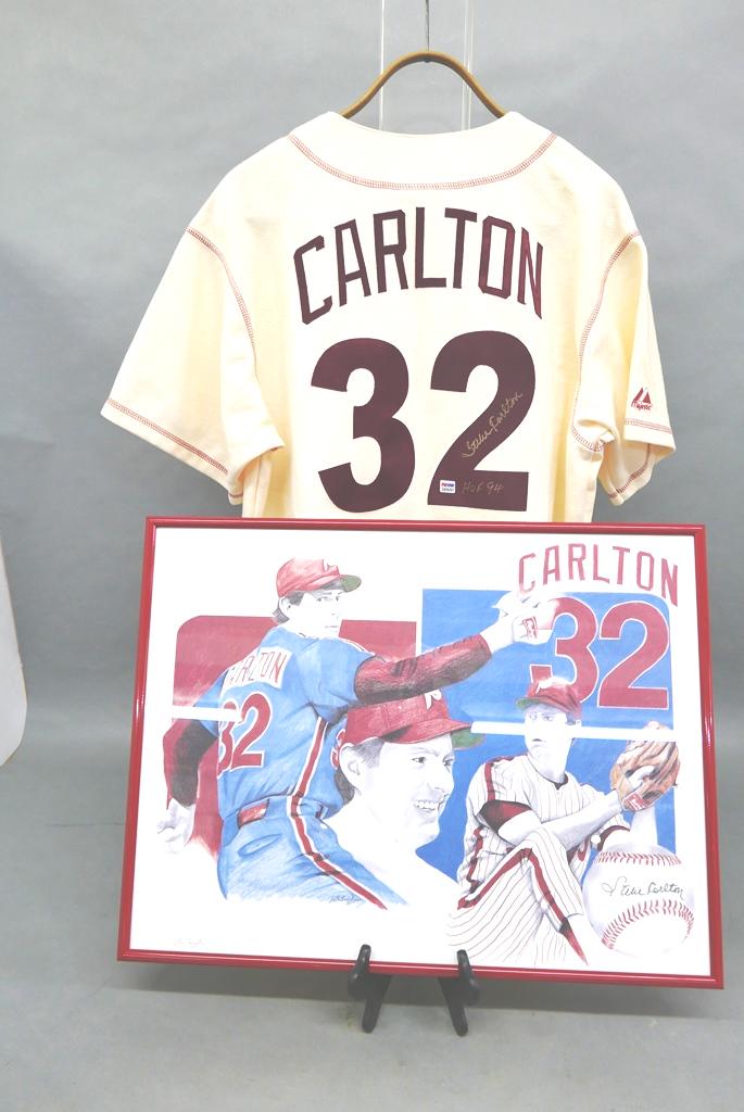 Steve Carlton Signed Jersey & Poster: Brand new Phillies style Jersey size XL hand signed "Steve Carlton HOF94", original label and hangtag for Cooperstown Collection, size XL, includes PSA/DNA COA, Steve Carlton poster signed by Carlton 