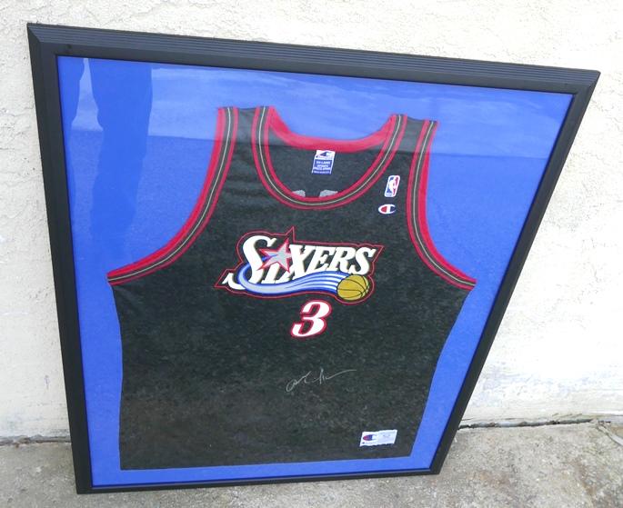 Allen Iverson Signed NBA Jersey: Allen Iverson hand signed SIXERS jersey, Champion XXL, professionally mounted behind glass in a wood frame 34.5"W, 42.5"H