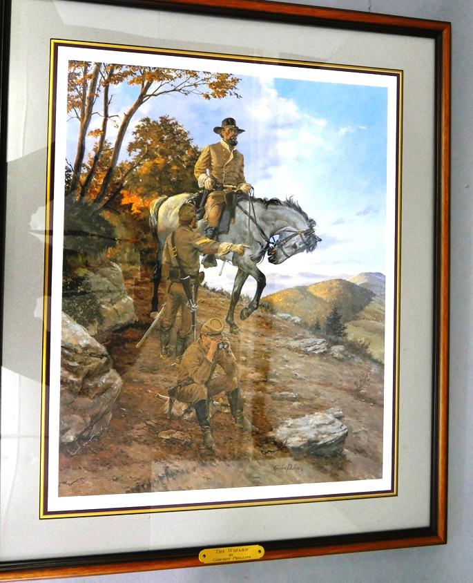 Large Gordon Phillips Civil War LE Print: Large limited edition Civil War print by Gordon Phillips titled "The Wizard", signed in the plate and pencil signed lower right, pencil numbered lower left 503/950, sight size 21" by 27", professional