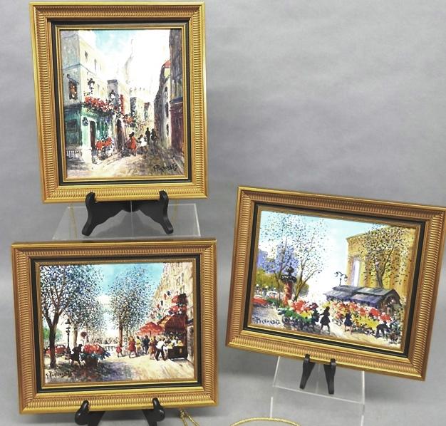Three Paris Oil Paintings On Canvas: Set of three vintage oil painting on canvas all signed illegibly by the same artist, very colorful and decorative, 10" by 12" stretchers, mounted in matching wood frames 11.5" by 13.5"