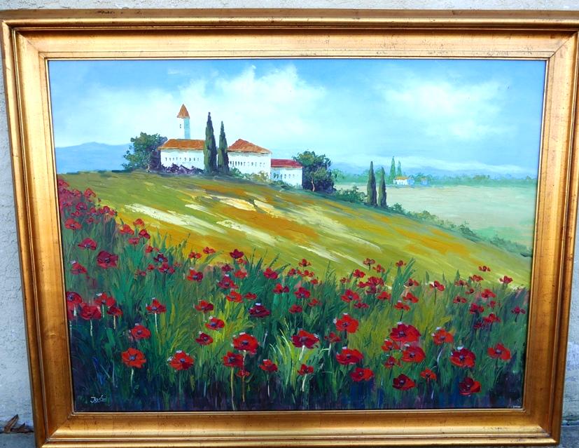 Large Continental Landscape Oil Painting: Large decorative original oil on canvas landscape signed Jose lower left, probably Spain or France, stretcher 36" by 48", mounted in a wood frame 45" by 57"