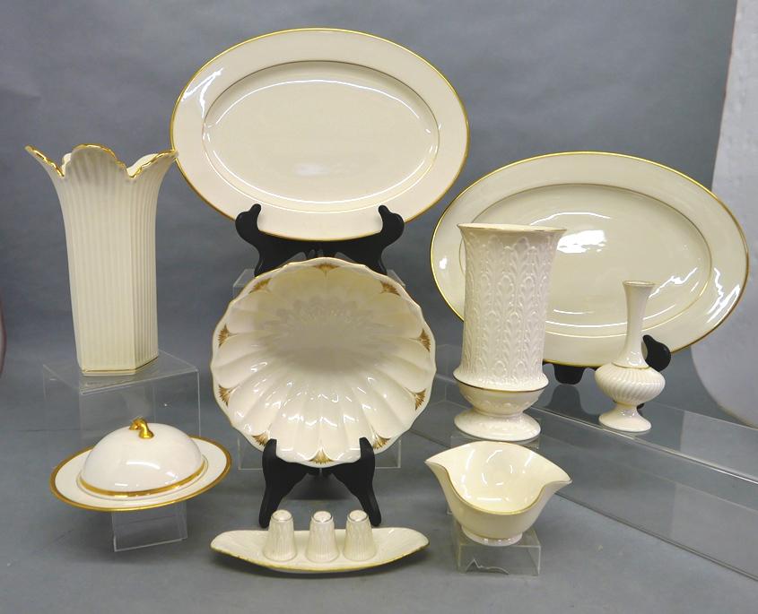 Assorted Lenox Accessories: Nice grouping of Lenox in various patterns, includes 11" Meridian vase, Autumn Leaf vase, bud vase, covered butter dish, candy dish, 2 large Mansfield trays, 10" bowl, small celery dish and 3 salts