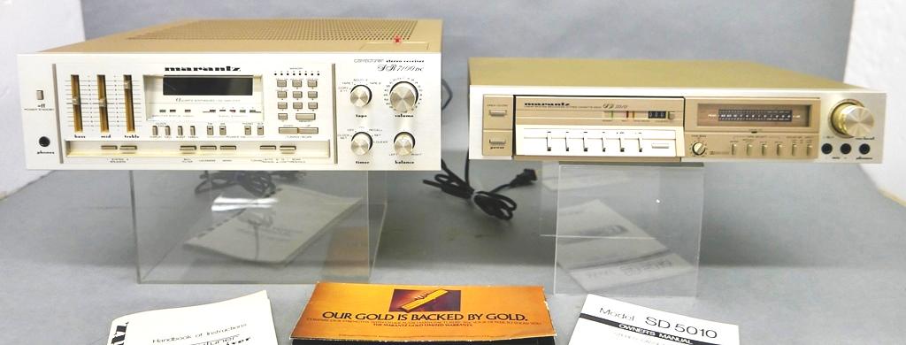 Vintage Marantz Stereo Receiver & Tape Deck: Vintage 1980's Marantz Colpulunar SR 7100 DC stereo receiver rated at 63 watts per channel, Marantz SD 510 cassette deck, includes original large sales brochure with specifications, owner's manuals an