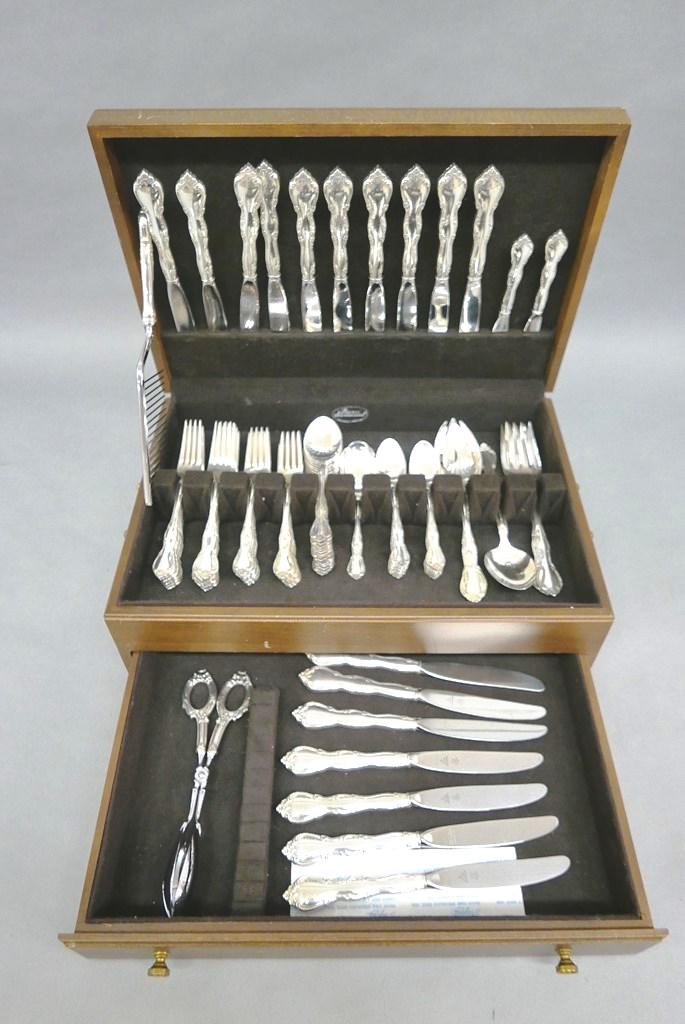 Large Gorham Sterling Rose Tiara Flatware Set: Large Gorham sterling silver flatware set with extras in the Rose Tiara pattern, includes 17 dinner forks, 16 lunch forks, 13 soup spoons, 17 teaspoons, two large serving straining spoons, 2 large ser