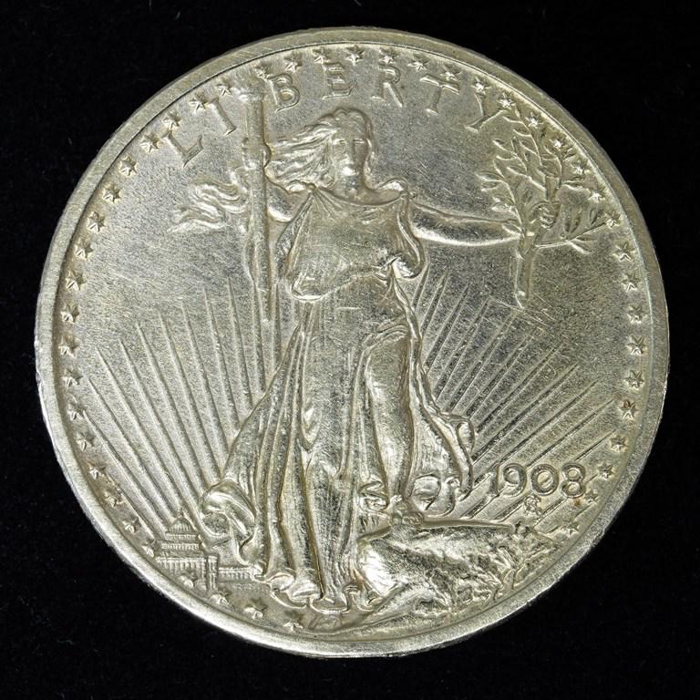1908 Saint Gaudens Gold Double Eagle - No Motto: 1908 United States Saint Gaudens Double Eagle gold coin