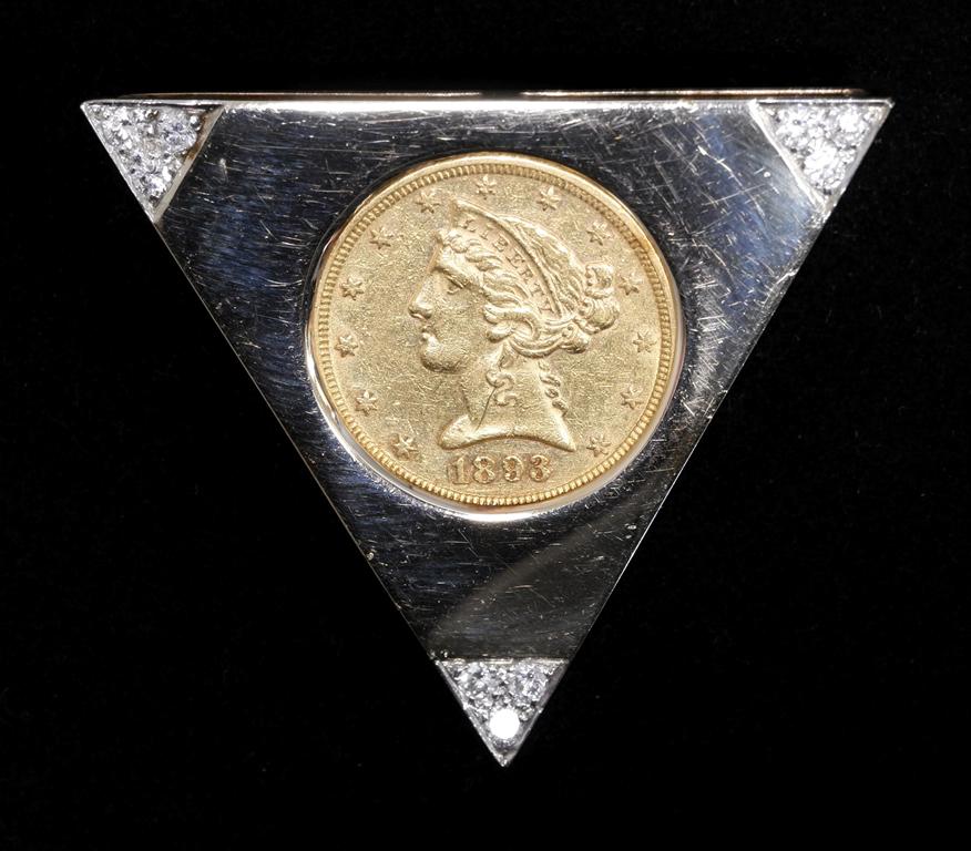 1883 Half Eagle Liberty Head Gold Coin & Pendant: 1893 United States five dollar gold coin in circulated condition mounted in gold pin with nine round diamonds , total gross weight 19.09 grams