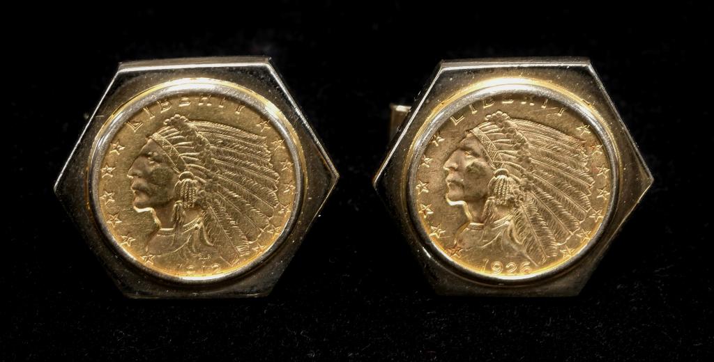 1912 & 1926 Indian Head Gold Coins in Cufflinks: 1912 and 1926 Indian Head $2.50 United States circulated gold coins mounted in 14K cufflink frames, total weight 20.9 grams