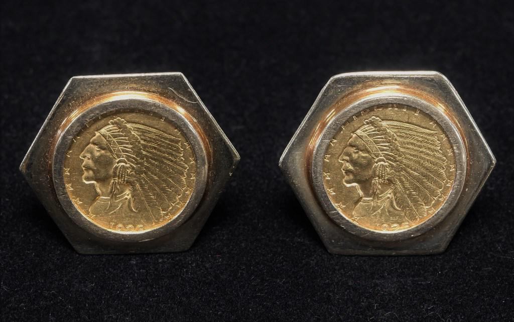1925 & 1926 Indian Head Gold Coin In Cufflinks: 1925 and 1926 Indian Head $2.50 United States circulated gold coins mounted in 14K cufflink frames, total weight 16.3 grams