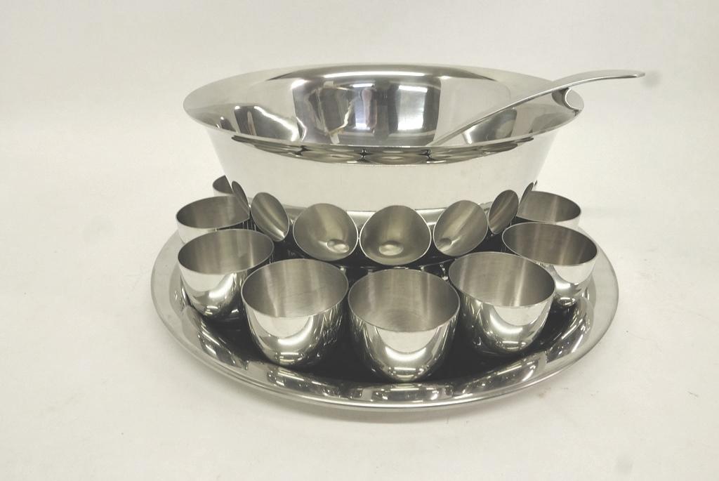 Large Kirk Steiff Pewter Punch Bowl Set: Kirk Steiff punch bowl set with Revere style bowl 13.5"D, 18"D tray, ladle and twelve cups with monogram