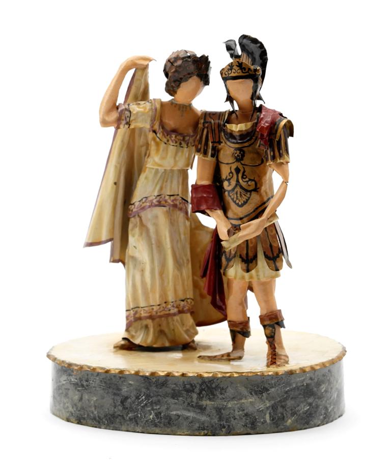 Lee Menichetti Artisan Handel Opera Sculpture: Lee Menichetti [New York & Palm Beach Florida - 1931 to 1997] well known mid-century artist known for his theatre related art, this sculpture is made of hand bent and painted sheet brass, two figures 