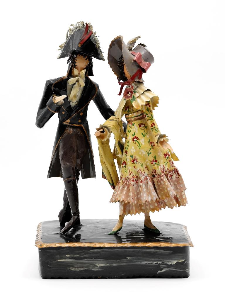 Lee Menichetti Artisan Opera Sculpture H.M.S. Pinafore: Lee Menichetti [New York & Palm Beach Florida - 1931 to 1997] well known mid-century artist known for his theatre related art, this sculpture is made of hand bent and painted sheet brass, double figur