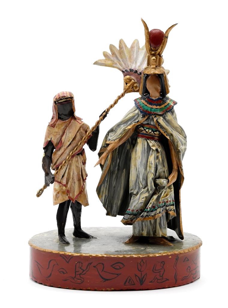 Lee Menichetti Artisan Verdi Opera Sculpture: Lee Menichetti [New York & Palm Beach Florida - 1931 to 1997] well known mid-century artist known for his theatre related art, this sculpture is made of hand bent and painted sheet brass, double figur