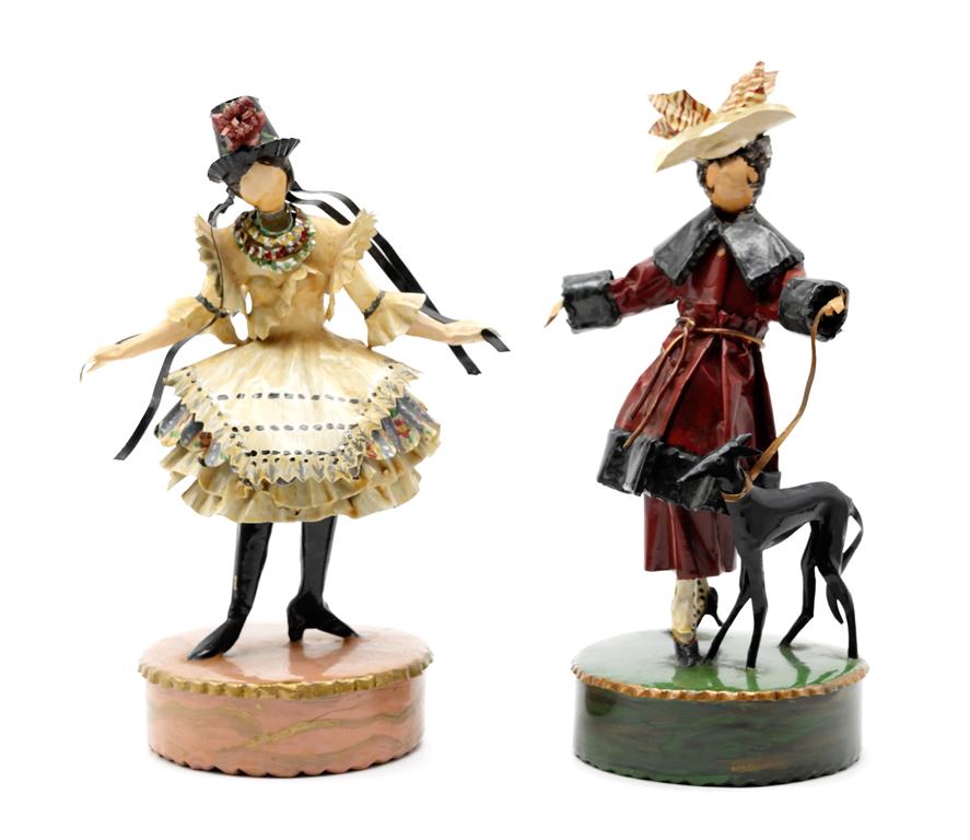 Two Lee Menichetti Artisan Opera Sculptures: Lee Menichetti [New York & Palm Beach Florida - 1931 to 1997] well known mid-century artist known for his theatre related art, this sculpture is made of hand bent and painted sheet brass, Vanesa from 