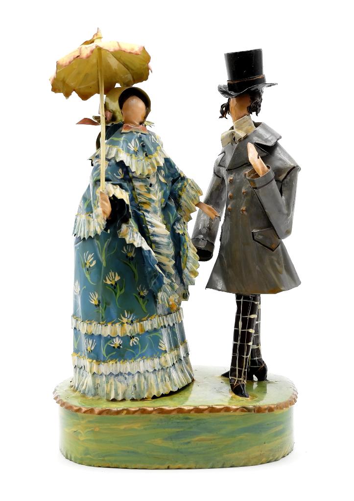 Lee Menichetti Artisan Donizetti Opera Sculpture: Lee Menichetti [New York & Palm Beach Florida - 1931 to 1997] well known mid-century artist known for his theatre related art, this sculpture is made of hand bent and painted sheet brass, two figures 