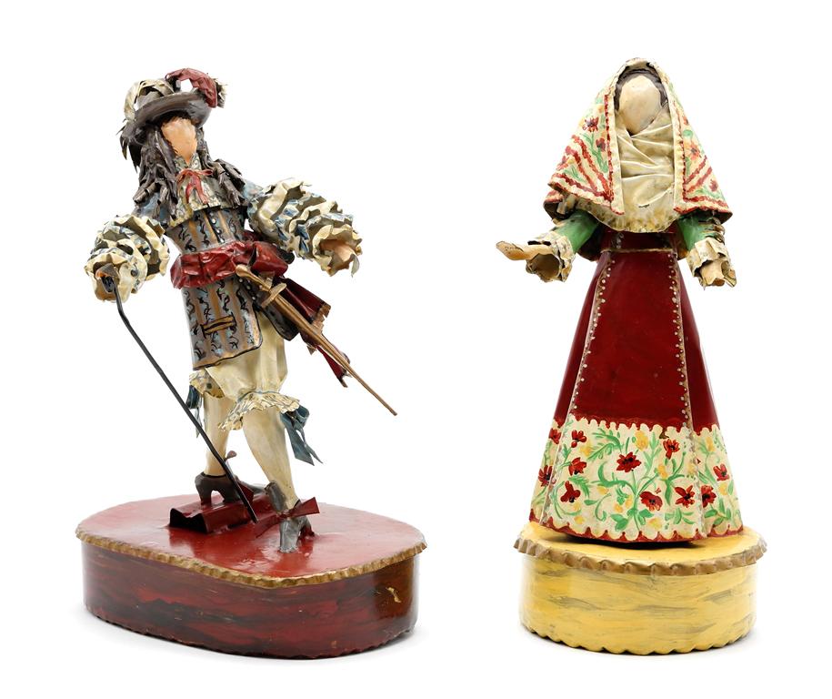 Two Lee Menichetti Artisan Donizetti Opera Sculptures: Lee Menichetti [New York & Palm Beach Florida - 1931 to 1997] well known mid-century artist known for his theatre related art, this sculpture is made of hand bent and painted sheet brass, two figures 