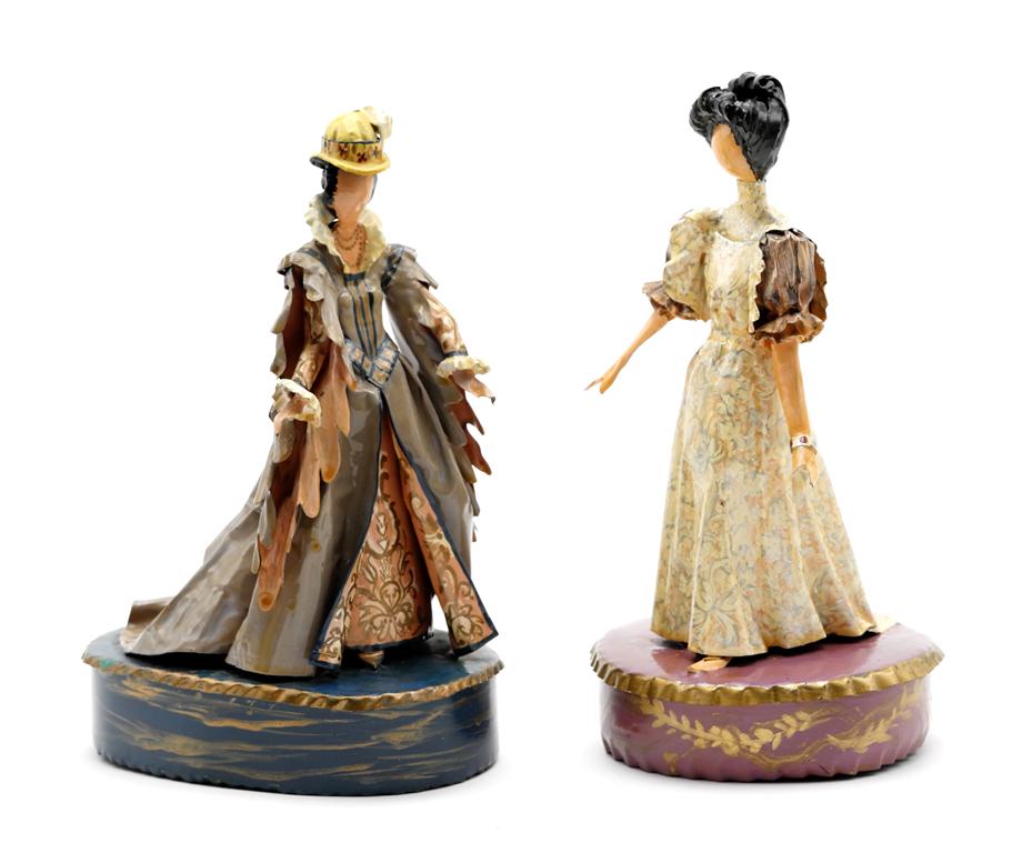 Two Lee Menichetti Artisan Opera Sculptures: Lee Menichetti [New York & Palm Beach Florida - 1931 to 1997] well known mid-century artist known for his theatre related art, this sculpture is made of hand bent and painted sheet brass, Lucrezia fro