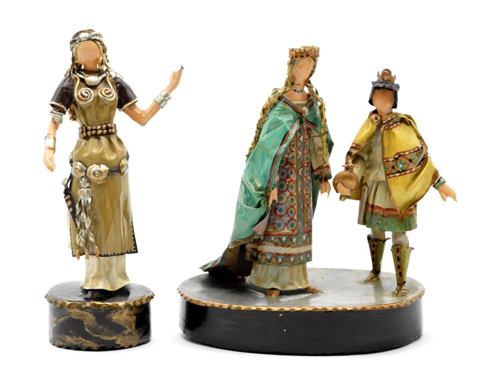 Two Lee Menichetti Artisan Wagner Opera Sculptures: Lee Menichetti [New York & Palm Beach Florida - 1931 to 1997] well known mid-century artist known for his theatre related art, this sculpture is made of hand bent and painted sheet brass, three figure