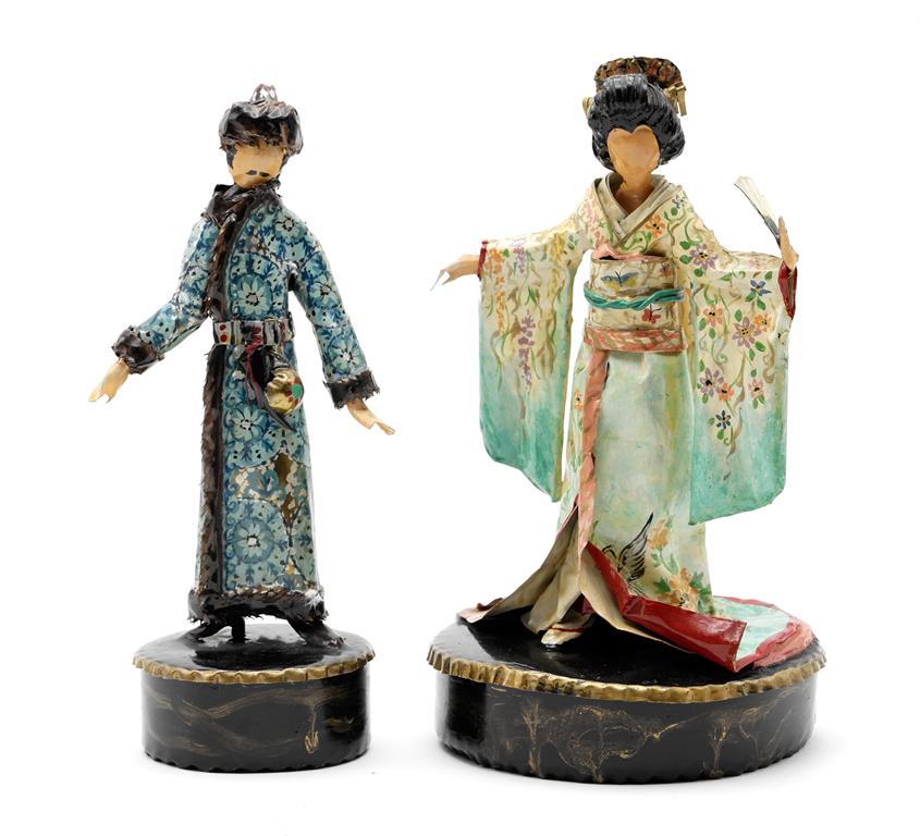 Two Lee Menichetti Artisan Opera Sculptures: Lee Menichetti [New York & Palm Beach Florida - 1931 to 1997] well known mid-century artist known for his theatre related art, this sculpture is made of hand bent and painted sheet brass, Cio-Cio-san