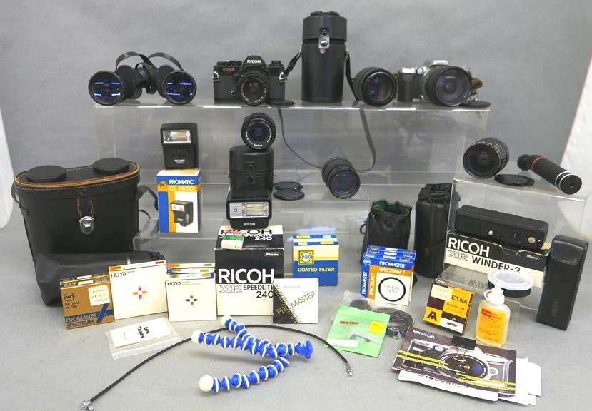Ricoh & Minolta Film Cameras, Lenses & Accessories,: Ricoh KR-5 Super 35mm film camera with 50mm F2, 28mm 2.8, 105mm f2.8 macro, XR240 Speed Light in O.B., Ricoh XR Winder in O.B., 11 filters and adapters in their original boxes, Minolta Maxxum 5 with a