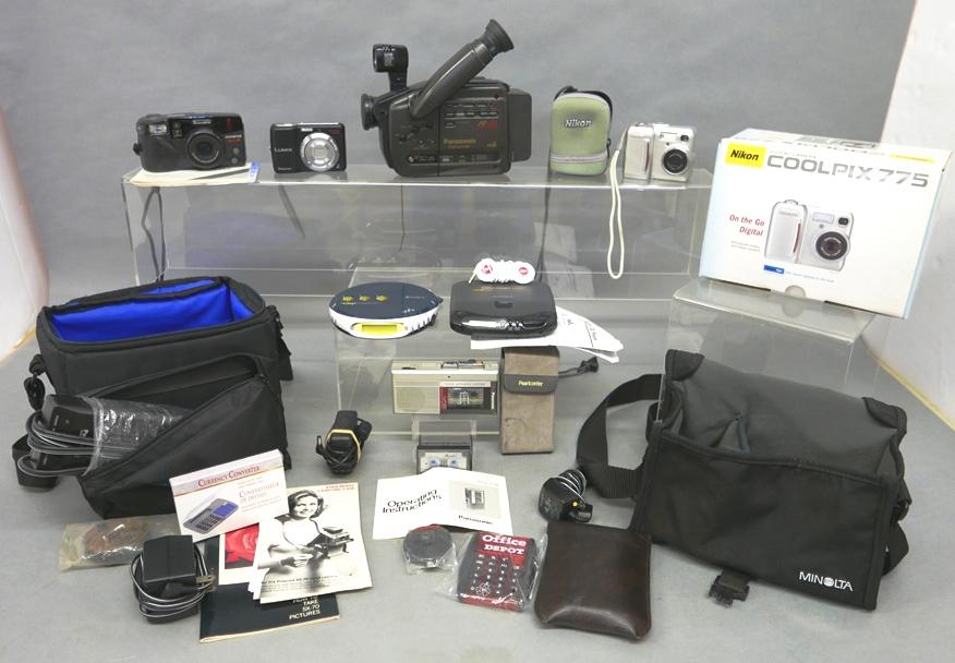 Cameras, Video Camera, CD Players Etc.: Nikon Coolpix775 digital cameras in original box with paperwork and accessories, Olympus SuperZoom 3000 DLX film camera with manual, Panasonic Lumix DMC-LS6 digital camera with Leica lens, Panasonic P