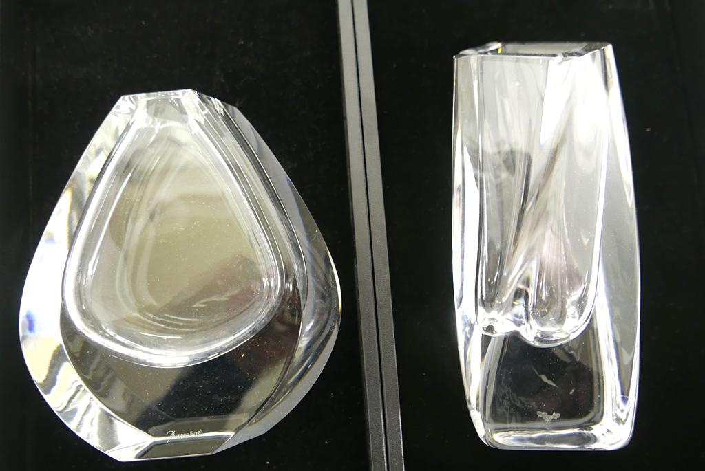 Two Baccarat Crystal Vases: Two signed Baccarat French crystal vases, teardrop form vase 7"H, modernist twisted square vase 8.75"H
