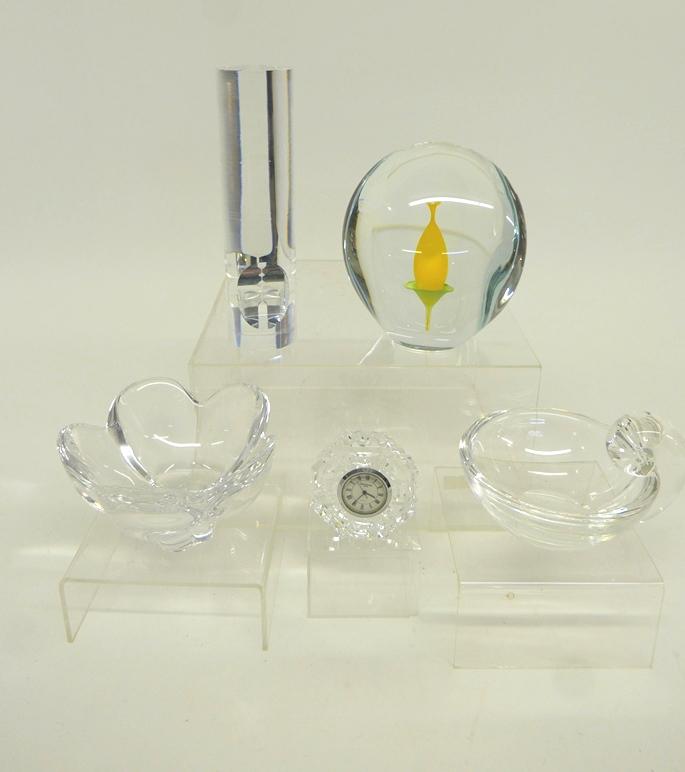 Signed Artisan Crystal Accessories: Beranek glass sculpture 6.25"H, small Steuben crystal bowl with loop handle 6"W, Waterford crystal clock 2.75"W, modernist crystal sculpture with face has unknown signature 8.25"H, signed Tiffany & Co