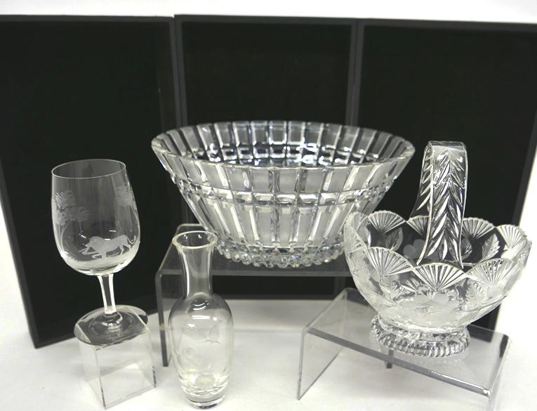 Cut & Etched Glass Table Accessories: Beautifully cut and etched wineglass signed Queen Lace decorated with a lion standing in the savannah amongst trees 6.75"H, large fruit bowl with cut and partially frosted decoration 11"L, 5"H, cut gl