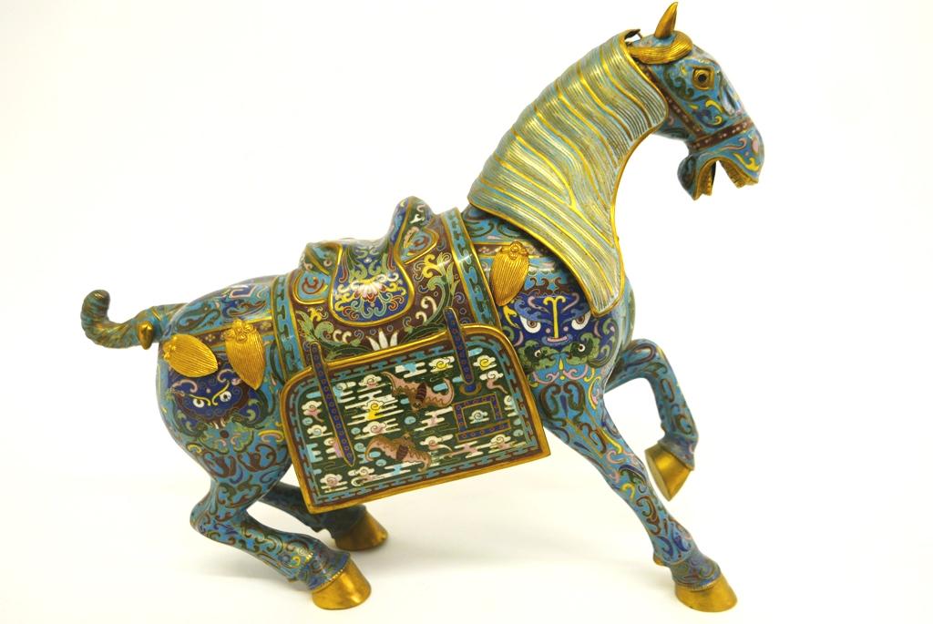 Large Cloissone Horse Incense Burner: Asian cloissone decorated brass horse with removable saddle covering oval opening, open mouth, 19"L, 16.5"H